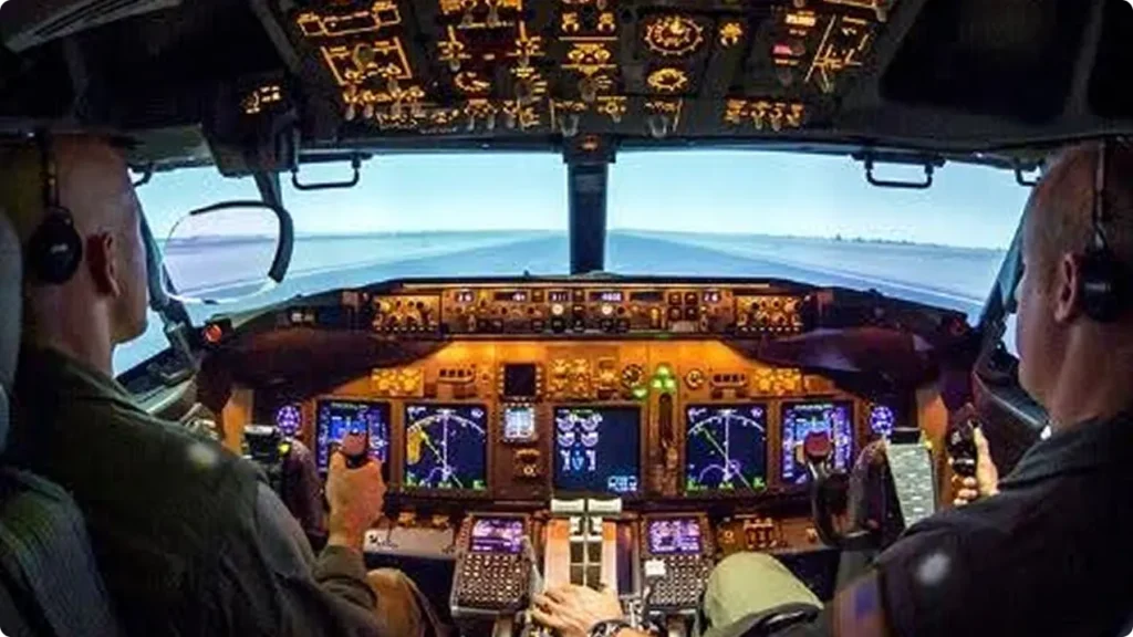 interior view of cockpit with lit up dashboard controls