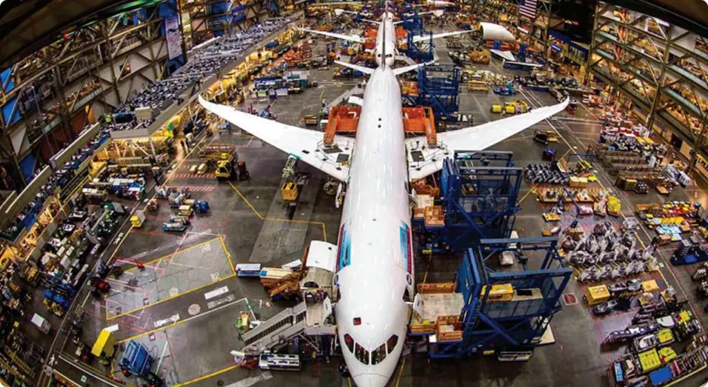 multiple jets being worked on in a warehouse