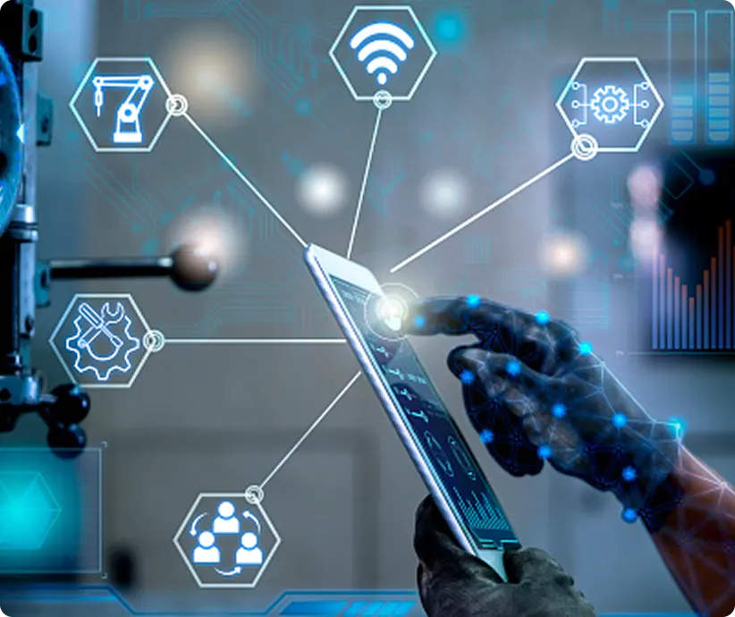 gloved hand holding tablet with digital graphics pointing to tablet