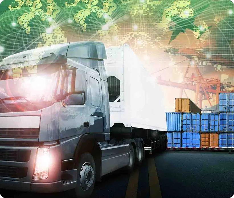 big rig truck in foreground with shipping containers in background